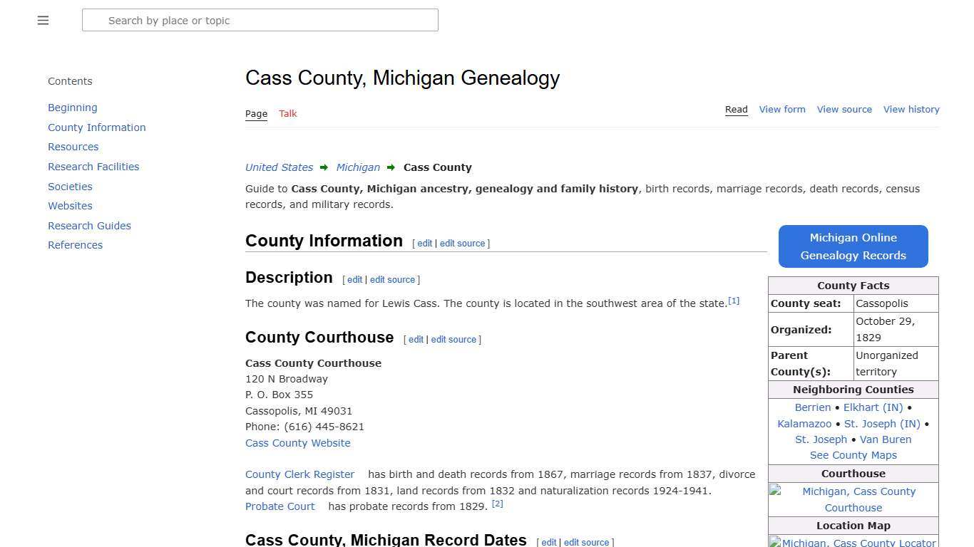 Cass County, Michigan Genealogy • FamilySearch